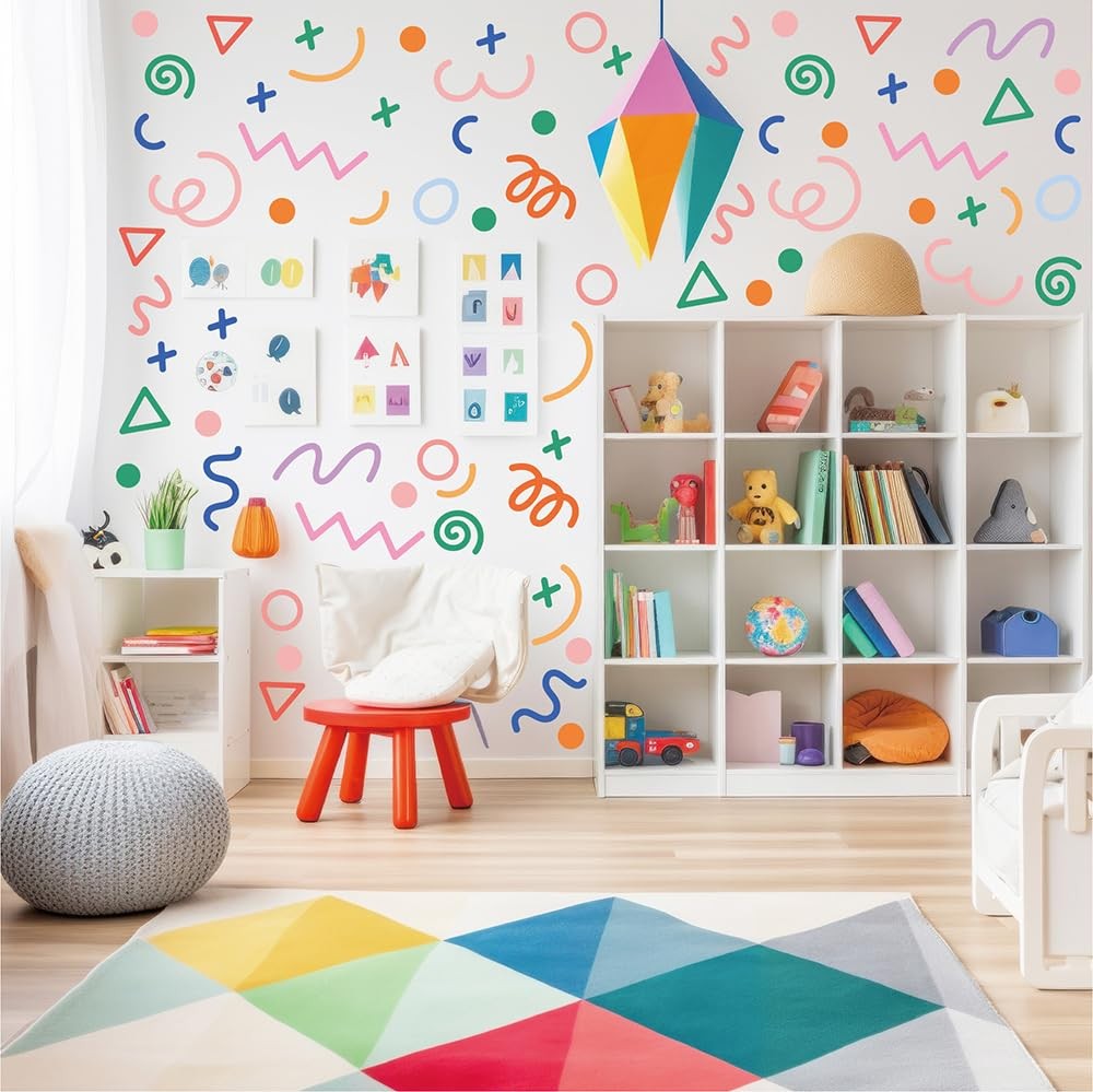 200 PCS Colorful Abstract Geometric Wall Decals, 10 Sheets Peel & Stick Remov…