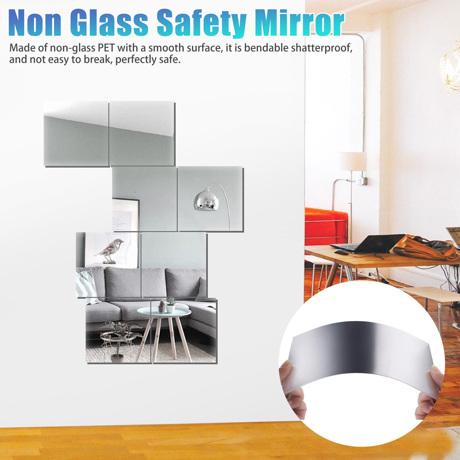 Mirror Tile Reflective Wall Stickers Self Adhesive Film Paper Kitchen Home Decor