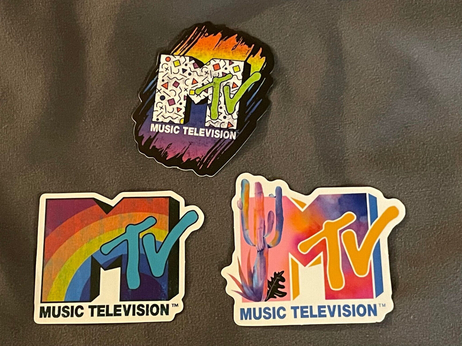 Lot (3) MTV Music Television 1 3/4″ to 2 1/4″ STICKERS Cactus FAST! FREE SHIP!