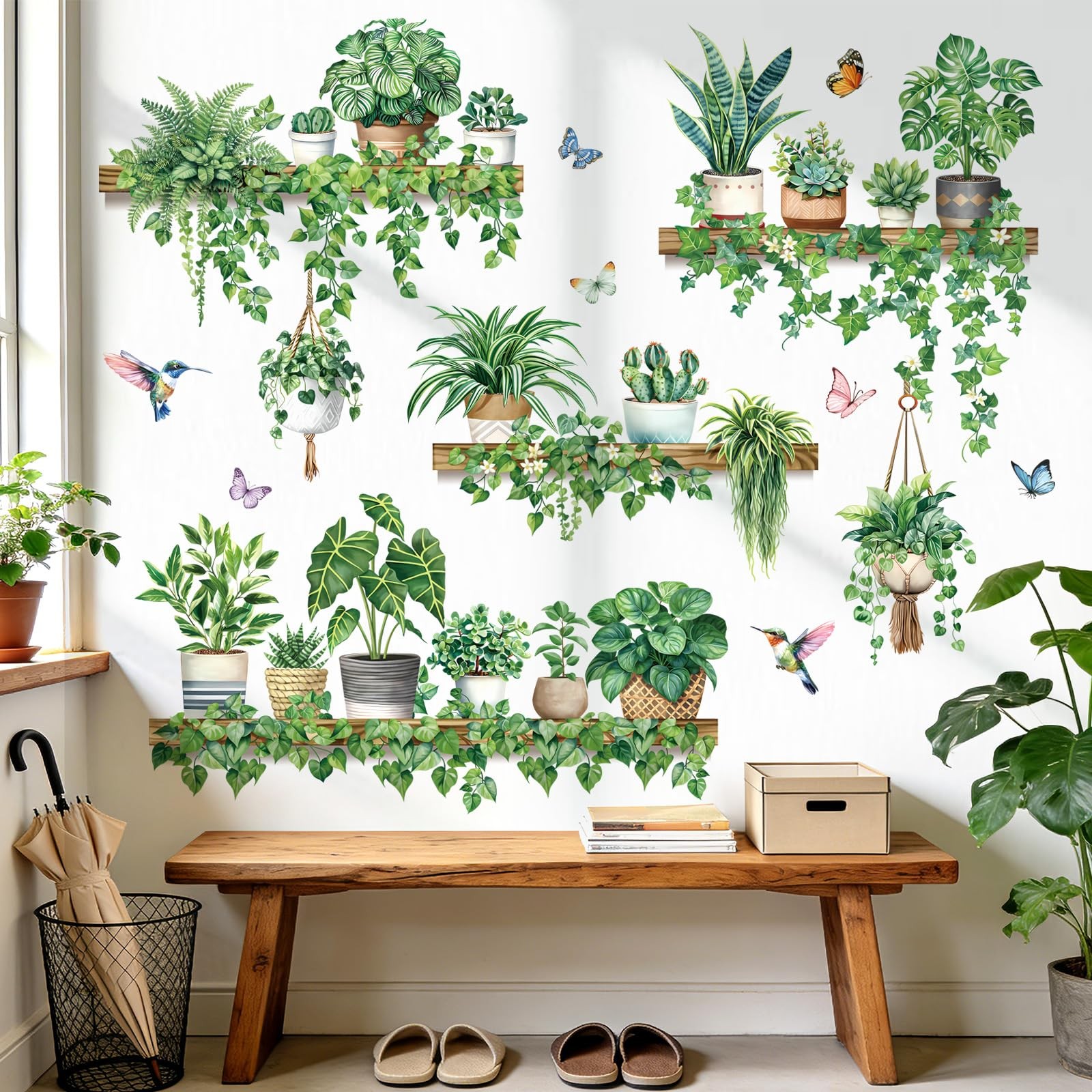 Green Pot Plants Wall Stickers Tropical Leaf Hanging Vines Leaves Bird Wall D…