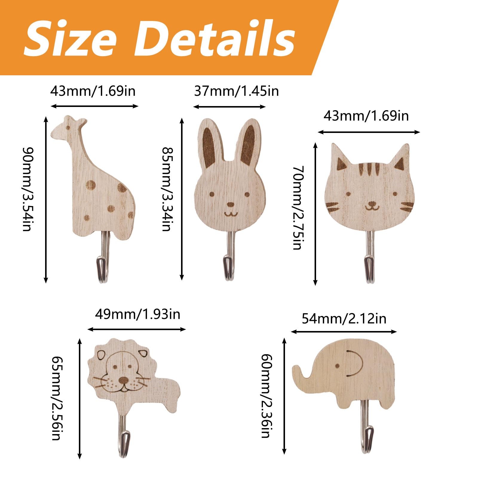 Wooden Animal Hooks, 5pcs Decorative Coat Wall Mounted Hangers Cats, Lions, R…