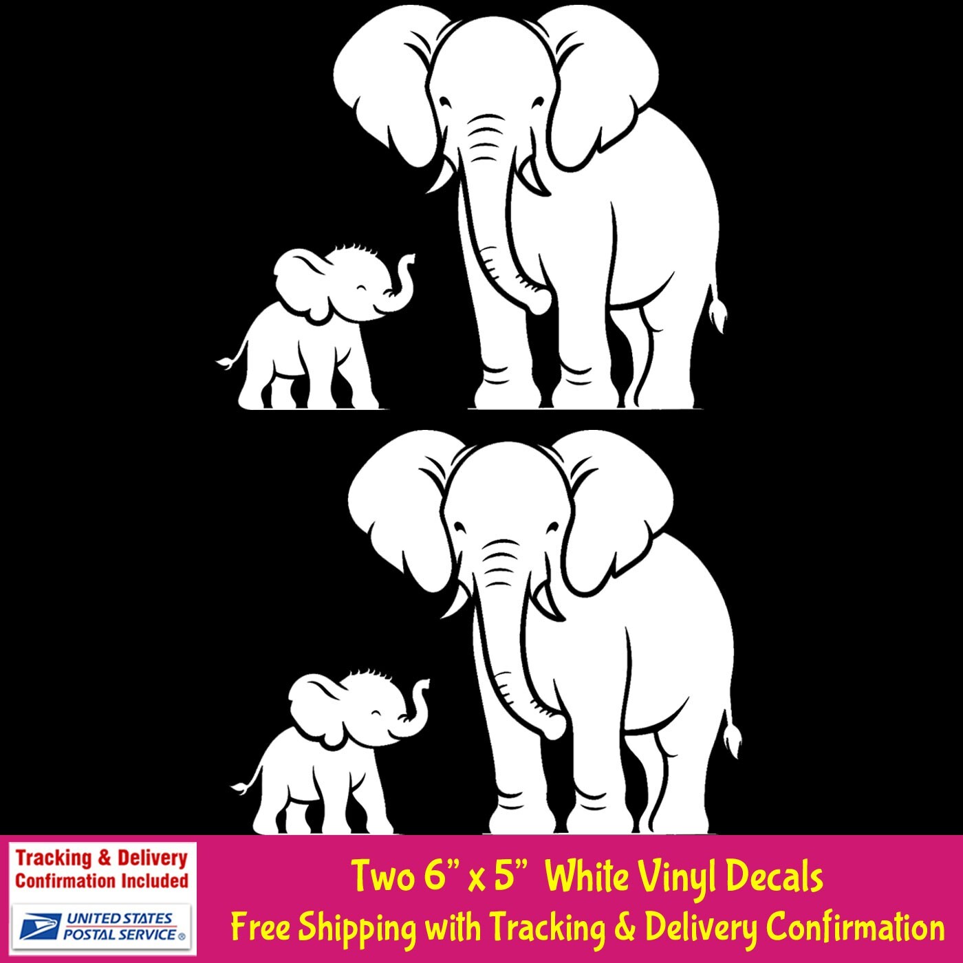 Mom & Baby Elephant TWO 6″ x 5″ White Vinyl Decals Car Truck Laptop Window