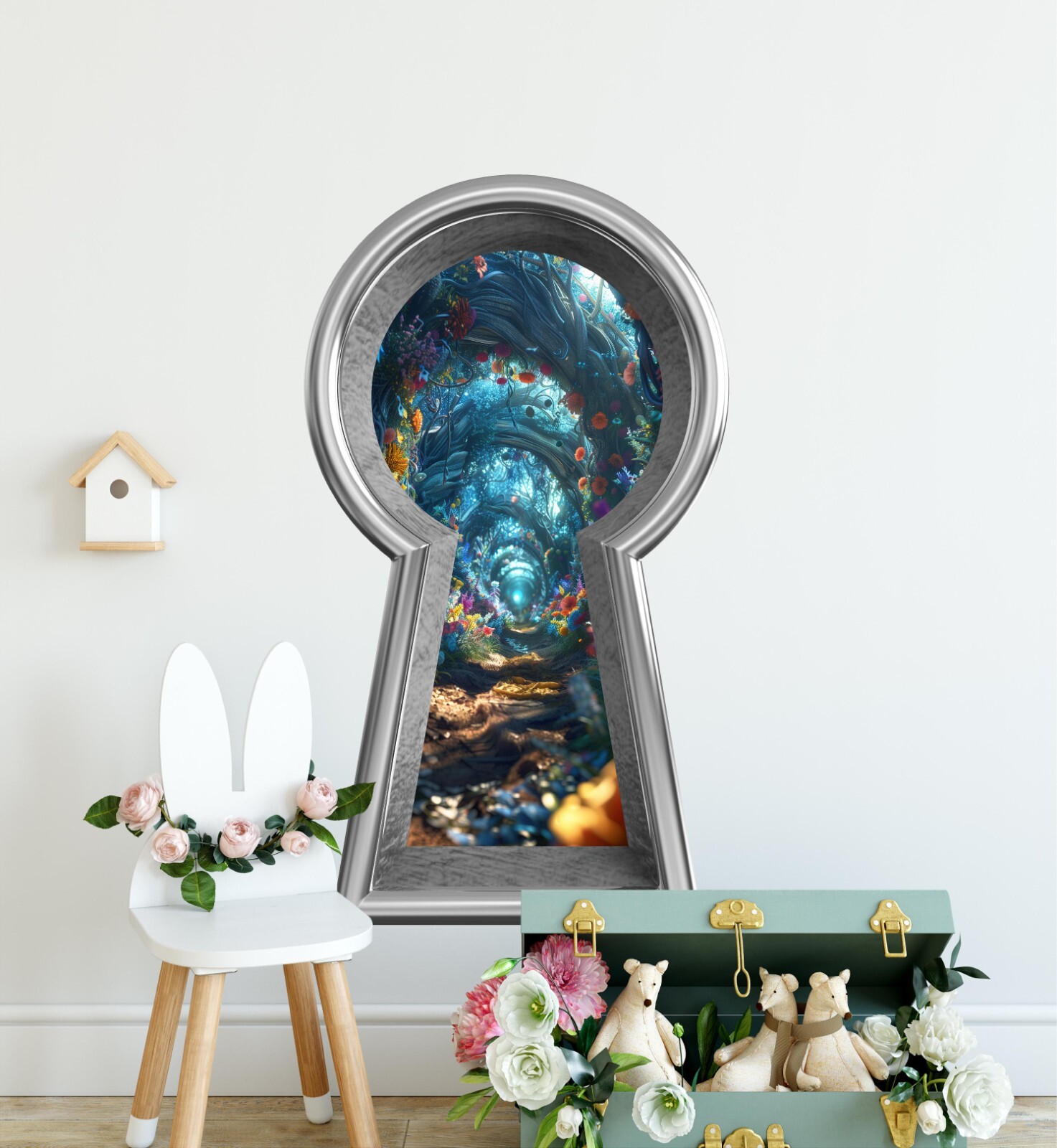 3D Keyhole Removable Wall Decal Sticker – Flower Path Through The Rabbit Hole