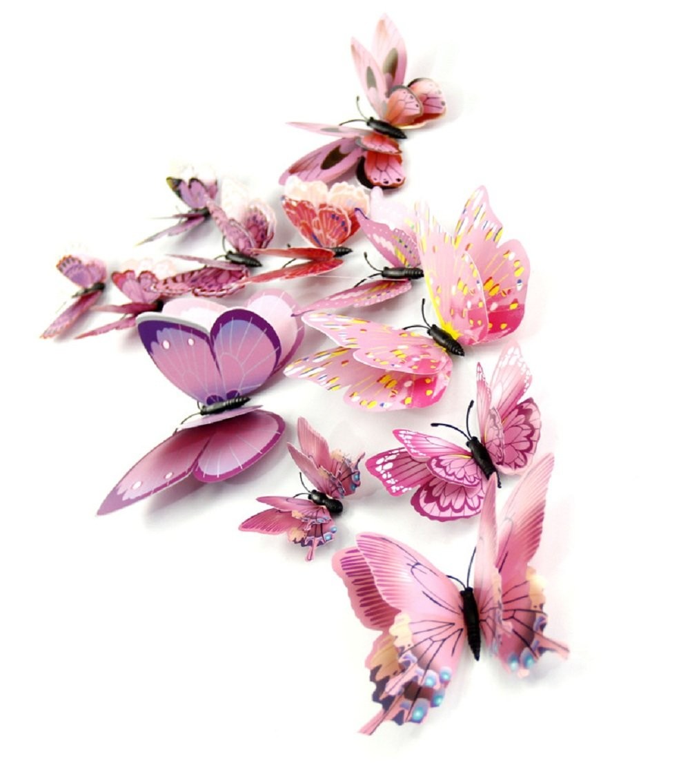 Mixed of 12PCS 3D Pink Butterfly Wall Stickers Decor Art Decorations