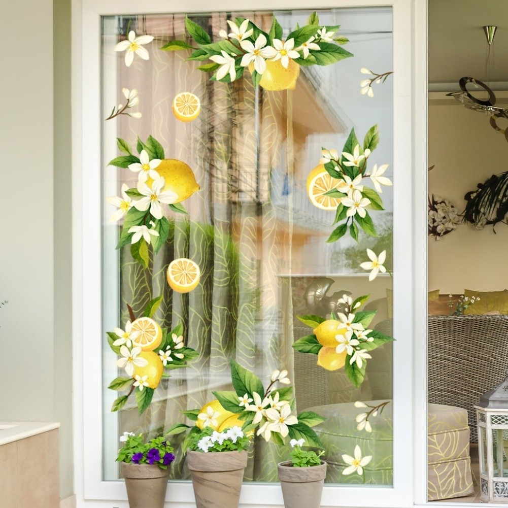 Static Cling Decal Yellow Lemon and Floral Branch for Kitchen Living Room Decor