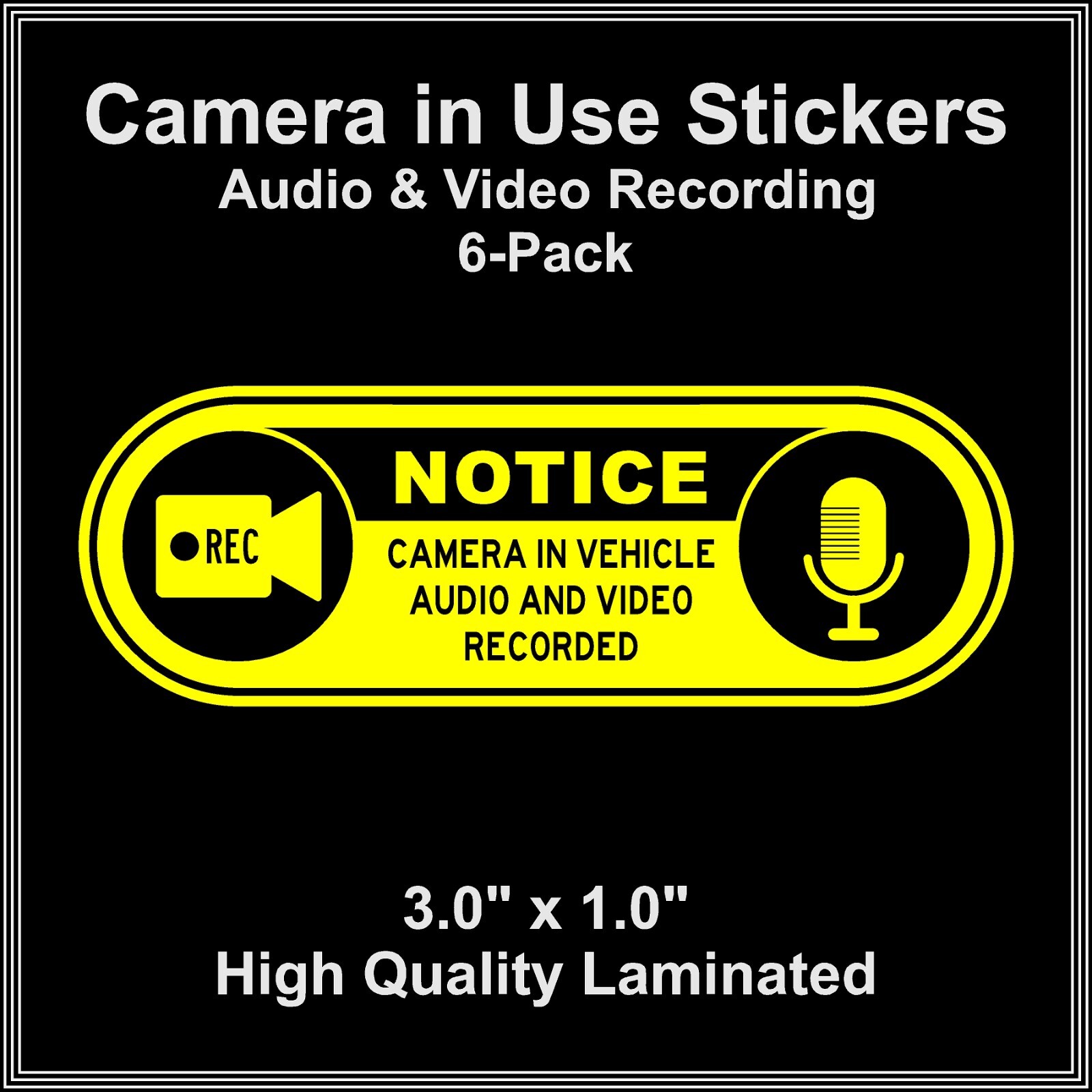 Camera in Car Recording Video 6-Pack Decals Yellow & Black 3.0″ x 1.0″ for Uber