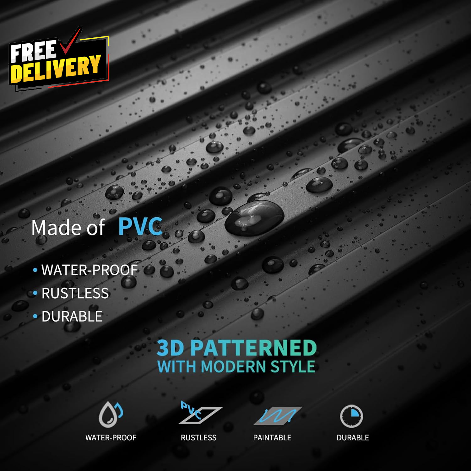 6 Pack 3D Slat Wall Panels 2x4ft PVC Decorative Ceiling Tiles Black