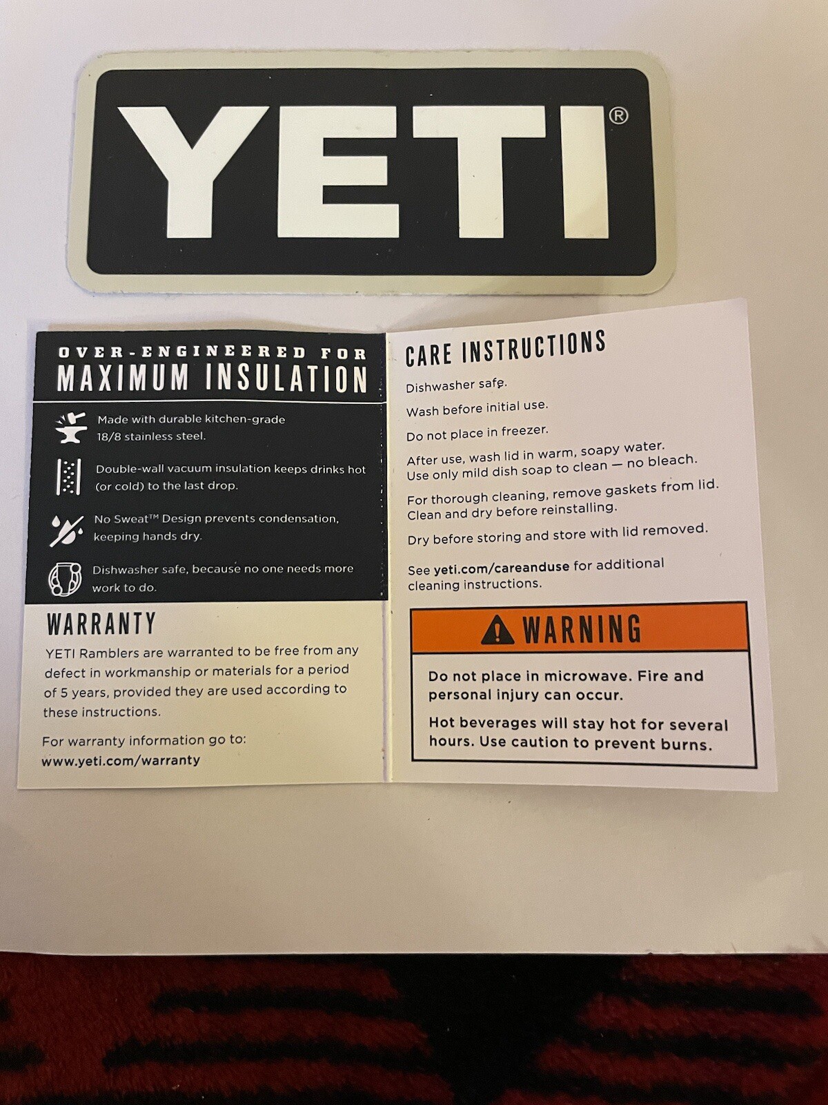 YETI Sticker & Care Instructions Card