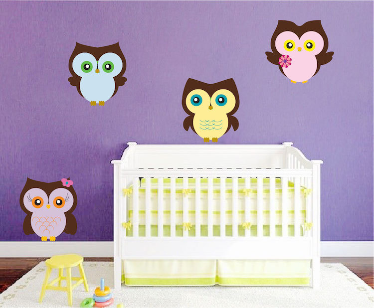Nursery Owls Wall Decals Kids Room Cartoon Owl Cute Birds Colorful Forest, n00