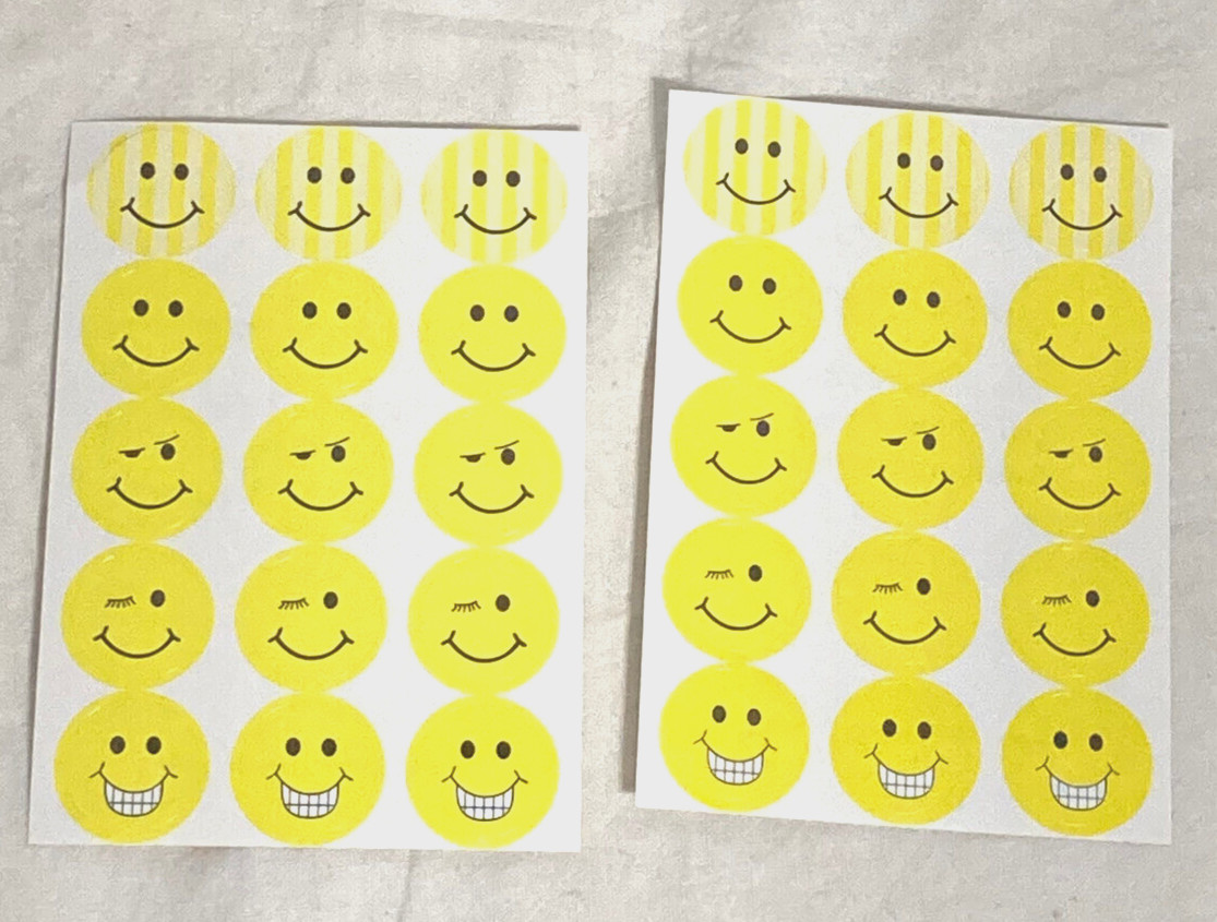 Vntg Happy Smiley Multi -Face Adhesive Craft Stickers 1″ H. Yellow 2 Sheets