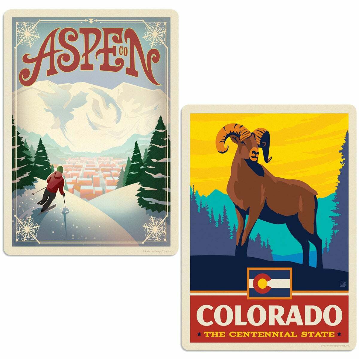 Aspen Colorado Skiier Sticker Set of 2 Vintage-Style Travel Decals