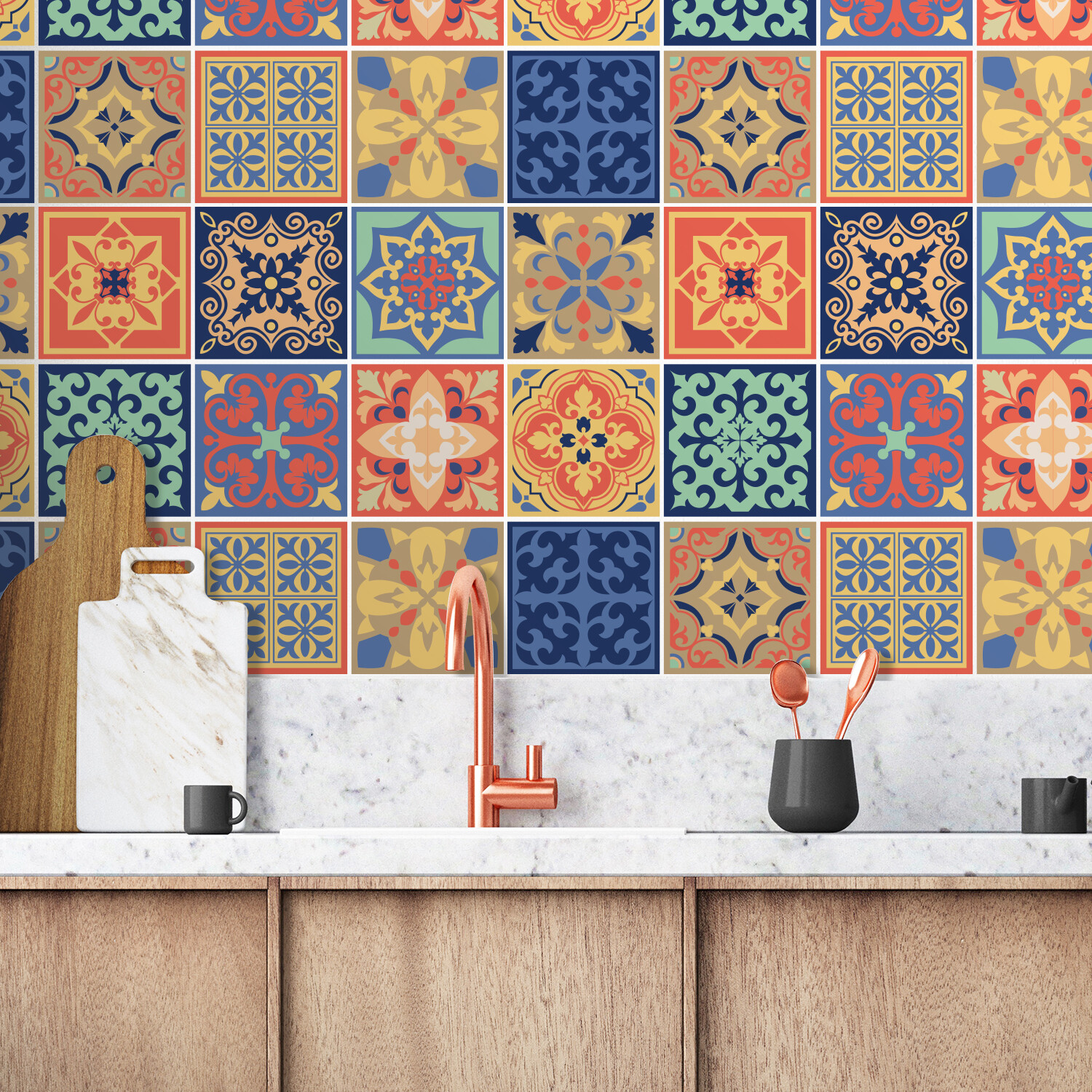24pcs 6″x6″ Mara Colorful Mix Mediterranean Peel and Stick Tiles Backsplash DIY