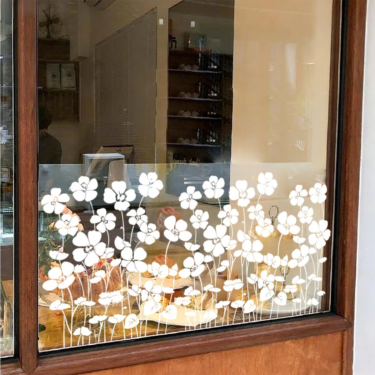 Removable White Floral Window Clings PVC Material Line Art Design 30x60cm