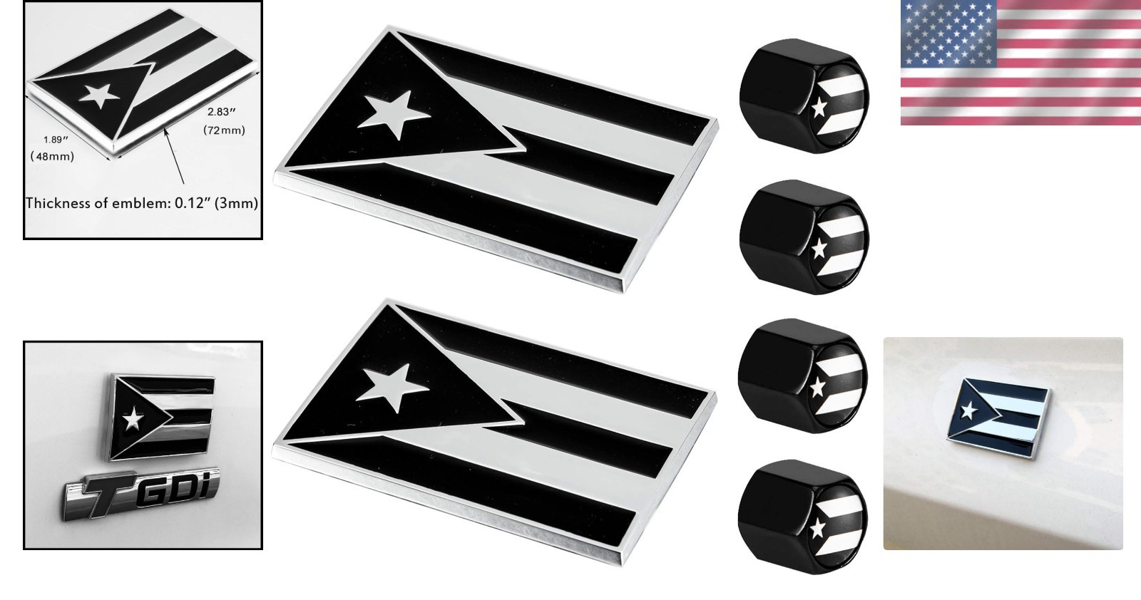 Patriotic 2-Pack Puerto Rico Flag Auto Emblems & Valve Stem Caps – Easy Apply!