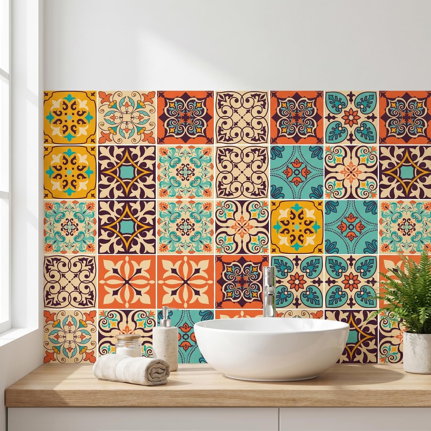 Vintage Moroccan Bohemian Tile Stickers 30 PC Pack – -Adhesive PVC Waterproof…