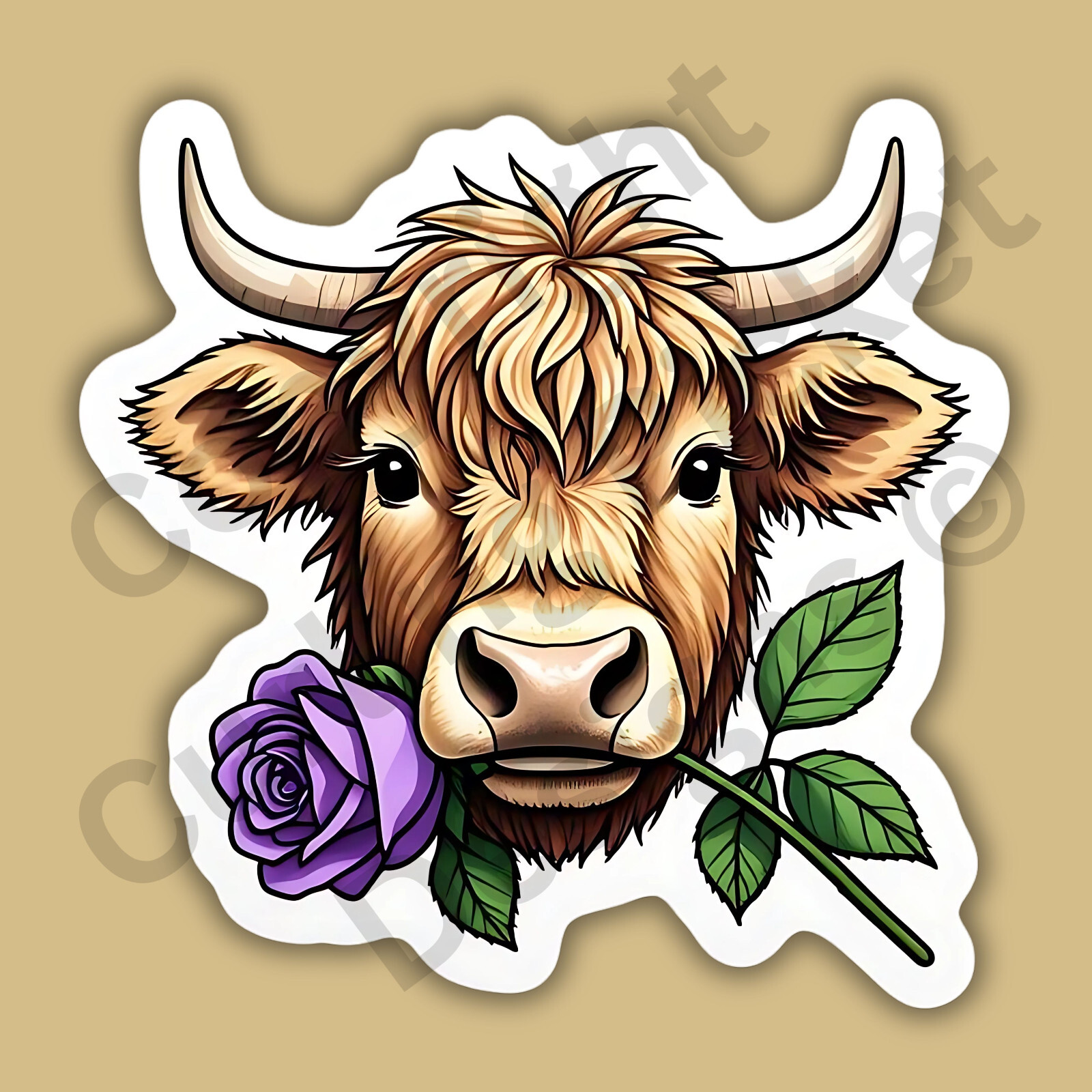 Highland Cow With Purple Rose In Teeth Cute Funny 3″ Vinyl Sticker