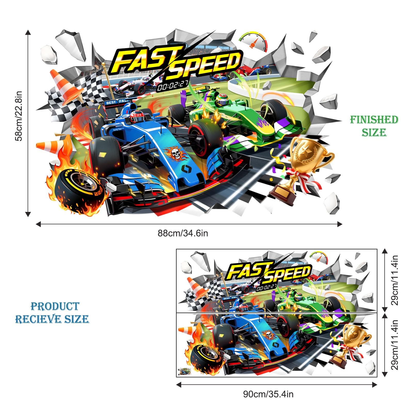 3D Racing Car Wall Decals – Speeding Race Car Break Through Wall Stickers for…
