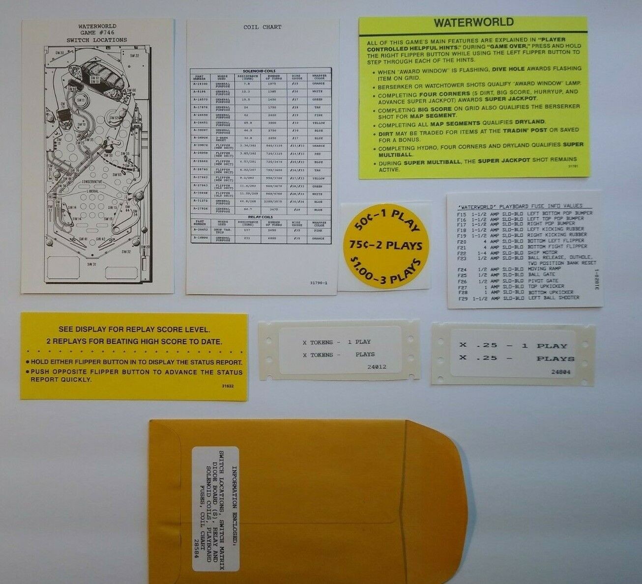 Gottlieb Waterworld Pinball Machine Game Instruction Score Cards Decal NOS 1994