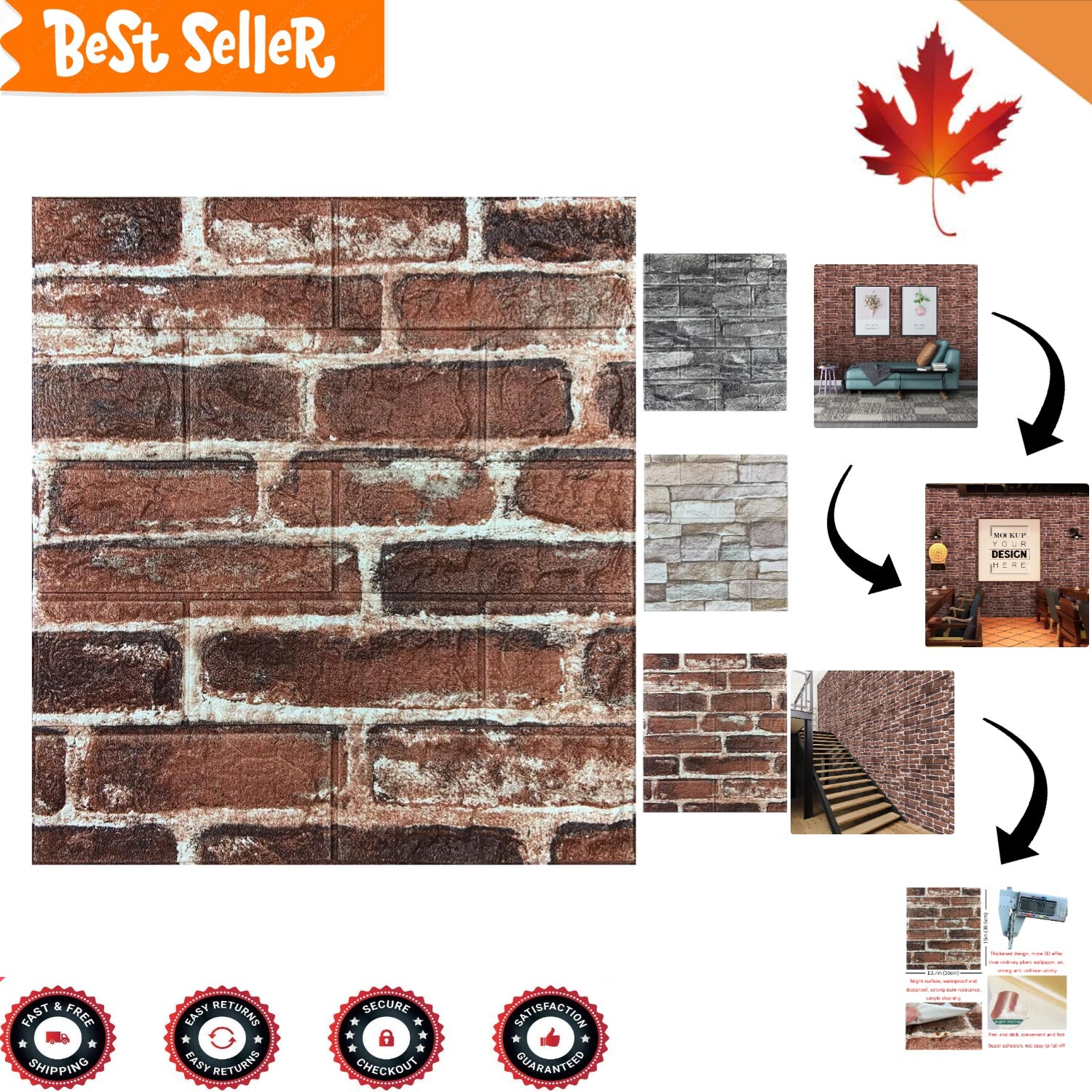 Red Faux Stone Wall Panels – Peel and Stick Foam 3D Brick Wallpaper – 10PCS