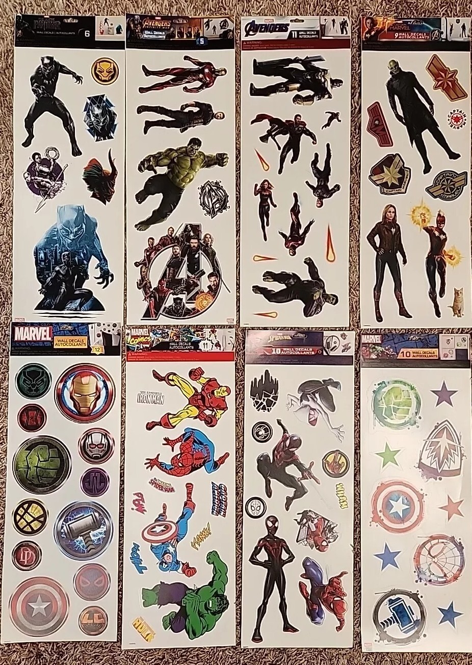 Lot of 8 Sheets Marvel Wall Decals◇Avengers, Spider-man, Hulk, Iron Man◇74 Total