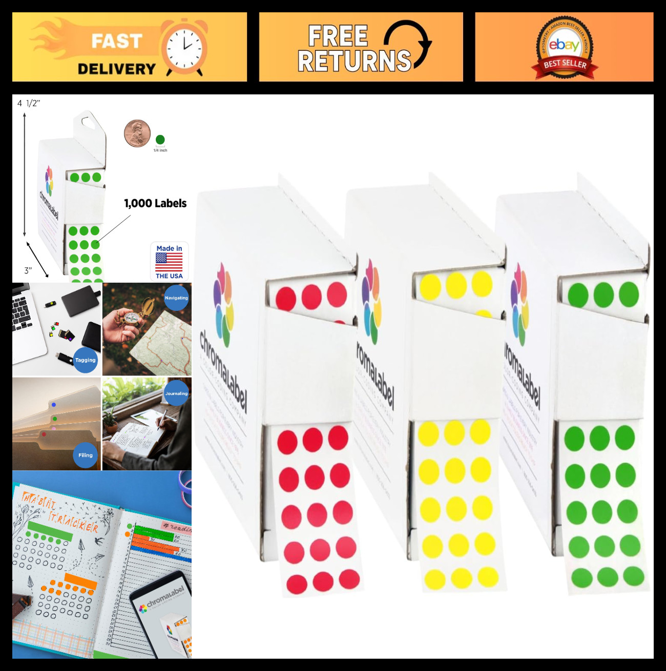 1000 Round Color Coding Dot Stickers – Green, Red, Yellow Labels for Crafts & Or
