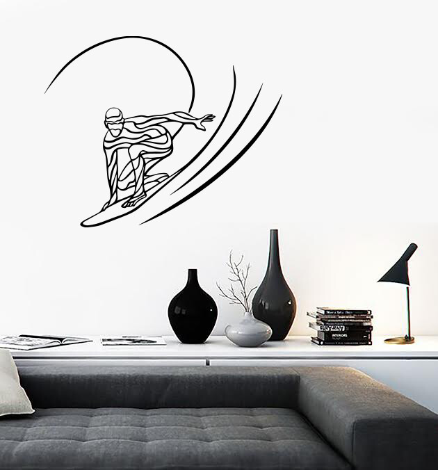 Wall Sticker Vinyl Decal Ocean Waves Extreme Sport Silhouette of Surfer (n1325)
