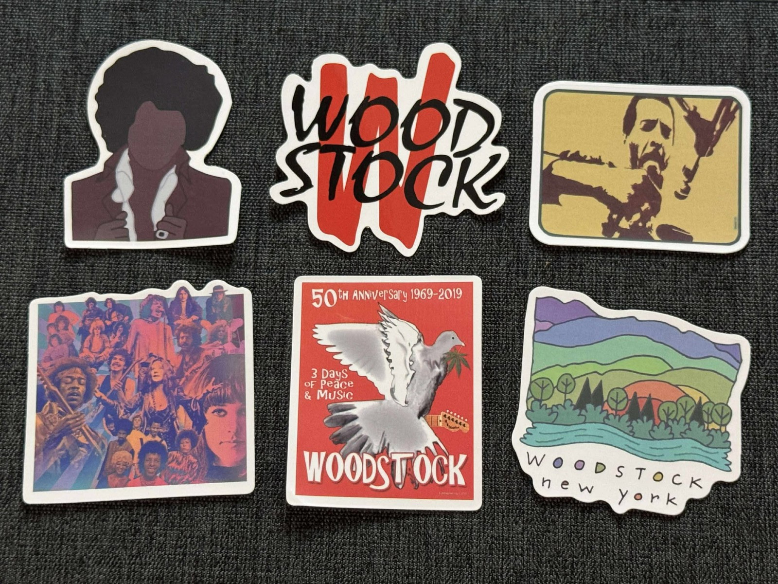 Lot of (6) WOODSTOCK Festival 1 3/4″ to 2 1/4″ Logo STICKERS Fast! FREE SHIP!