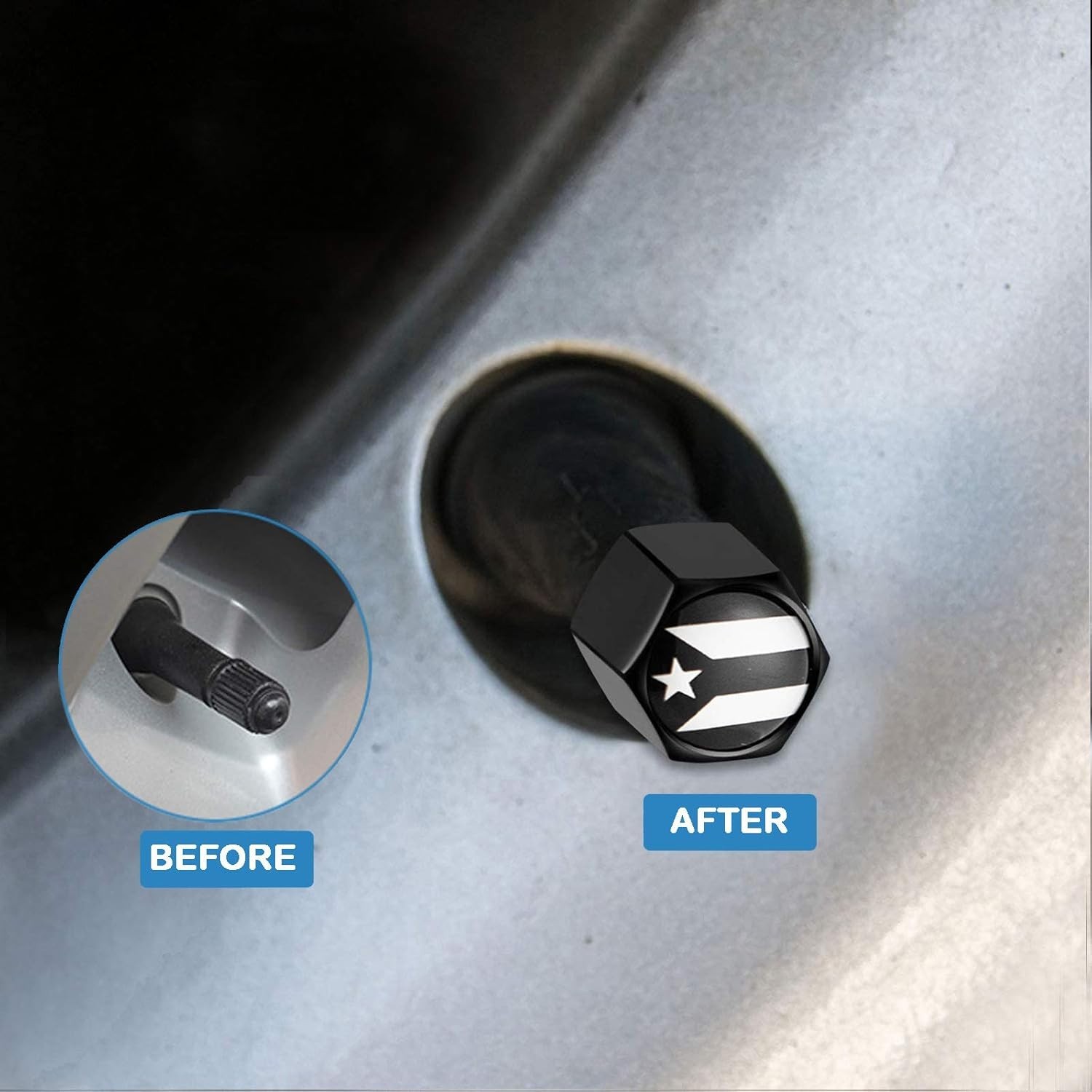 Patriotic 2-Pack Puerto Rico Flag Auto Emblems & Valve Stem Caps – Easy Apply!