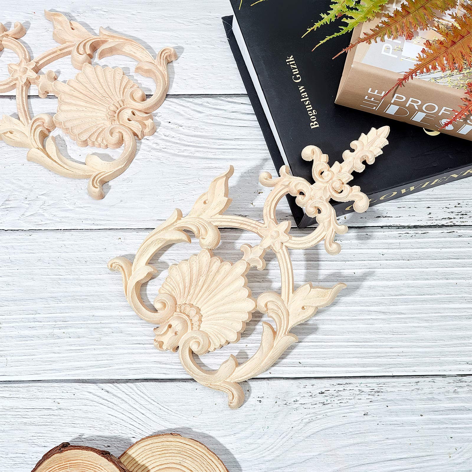 2PCS Carved Wood Appliques Onlays Wooden Decal Corner Frame 7.5×4.6inch Unpai…