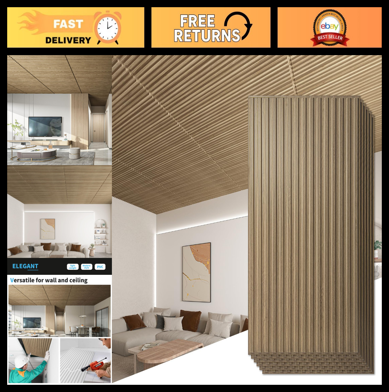 12-Pack 3D Wall Panels – Slat Design PVC Ceiling Tiles for Interior Decor – Waln