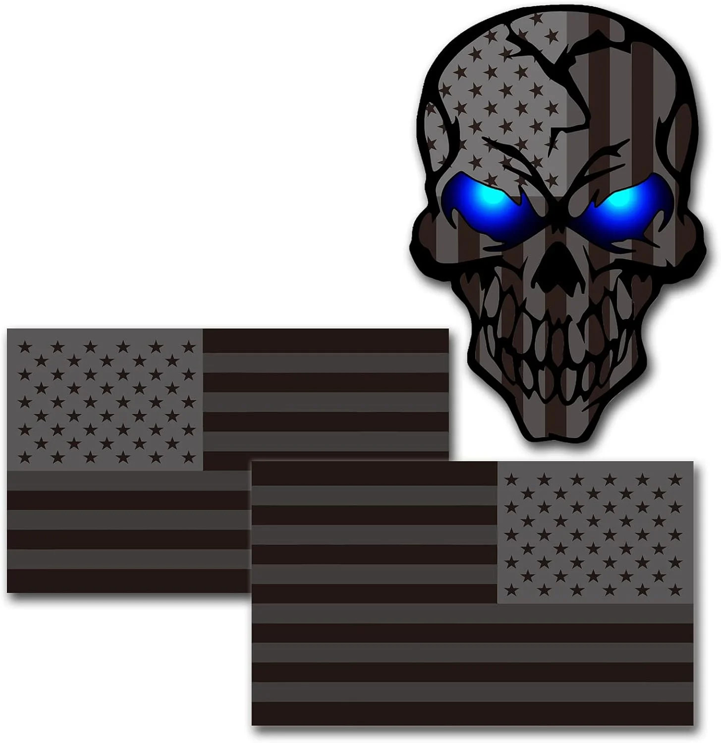 3 Pack 5.1″Reflective All Black American Flag Sticker, Skull Decal with Black US