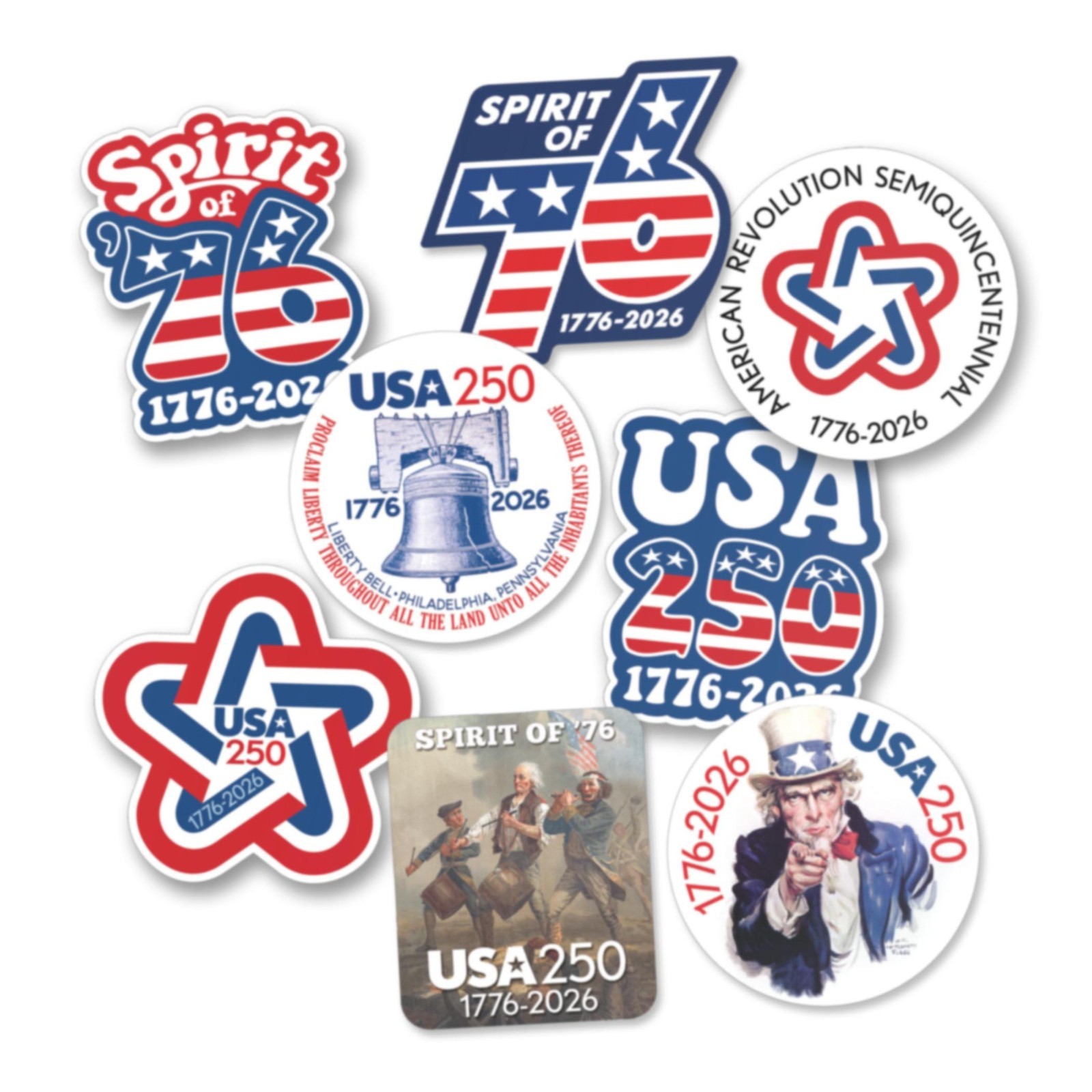 8 PACK Die Cut Stickers – America, Semiquincentennial, 250 Freedom USA