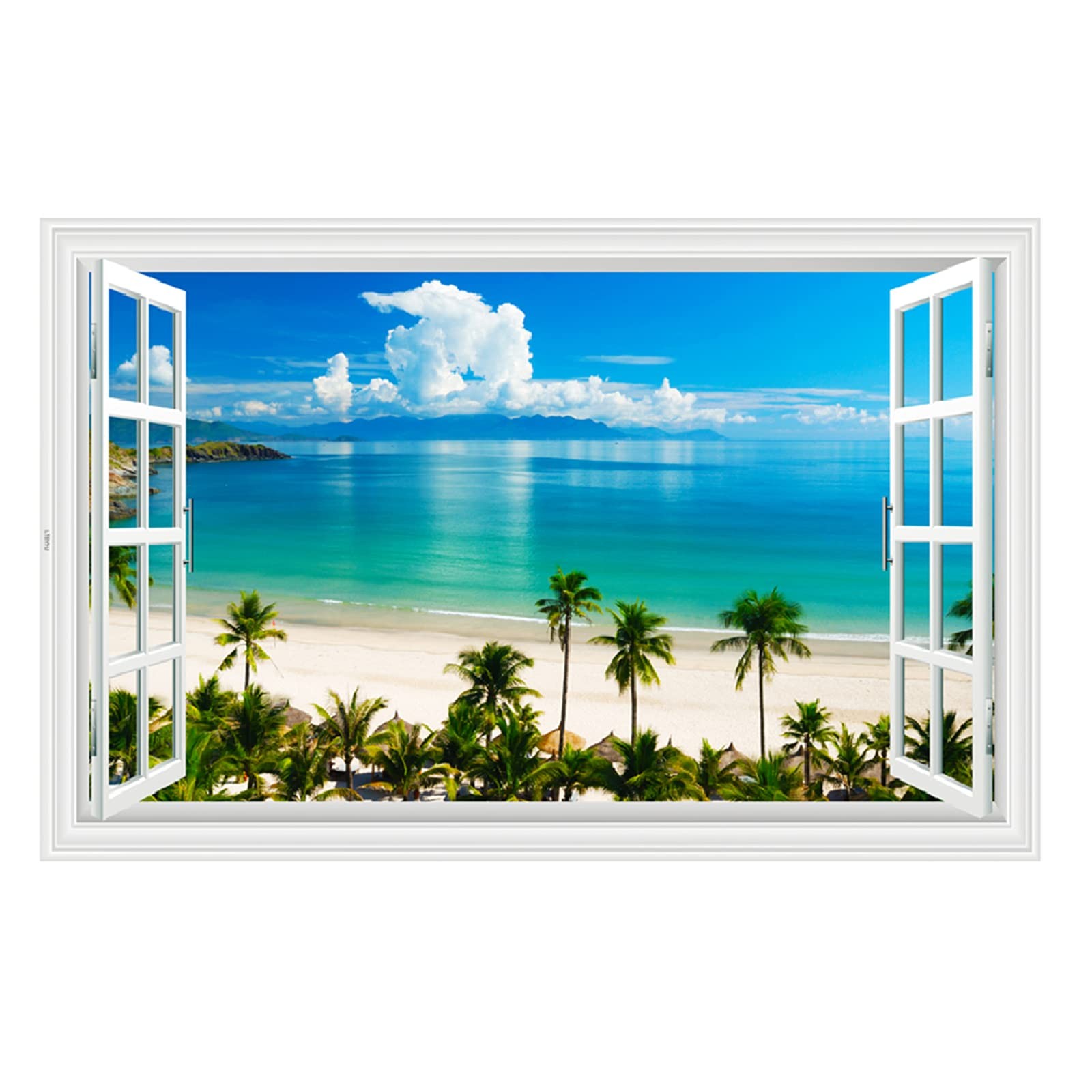 Fake Windows Wall Sticker, Removable 3D Beach Seascape Faux Windows Wall Decals