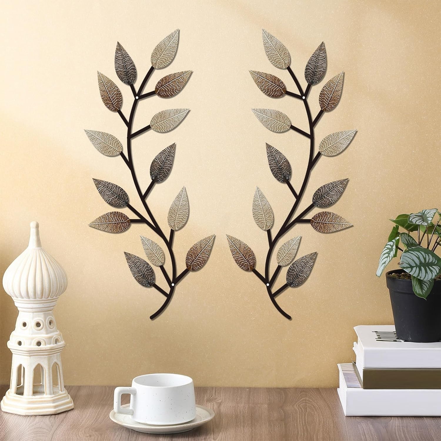 Chic Metal Olive Branch Wall Decor: 2-Piece Set for Elegant Indoor/Outdoor Style