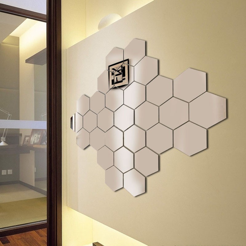 12Pcs/Set Hexagon Shape Mirror Panel Detachable Self-Stick Farmhouse Indoor Wall