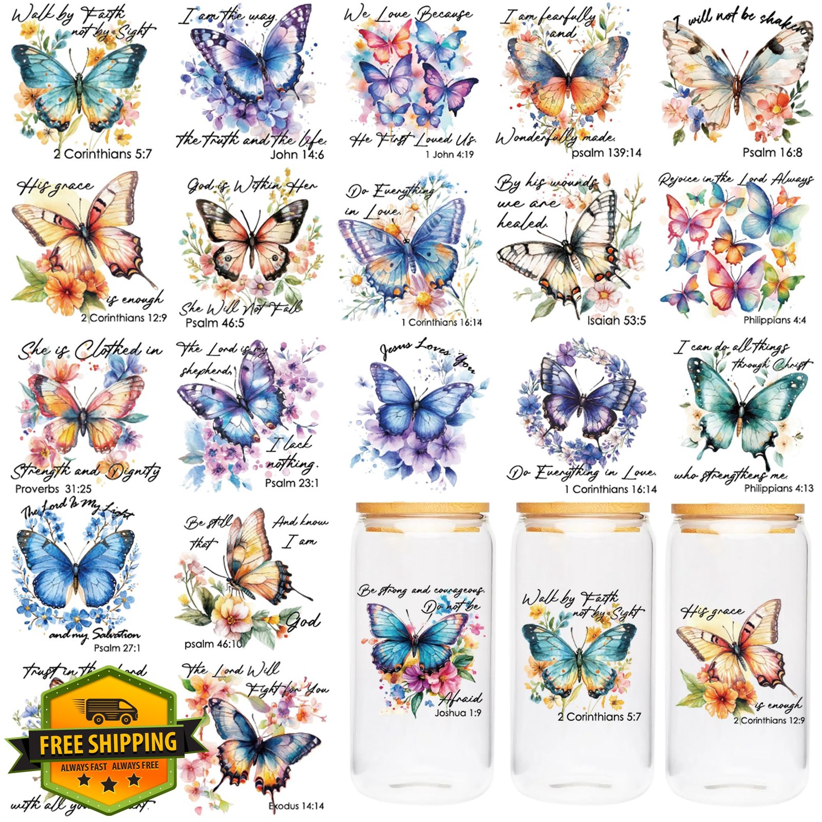 20 Butterfly UV DTF Cup Wraps 16oz Animal Waterproof Rub On Transfer Stickers