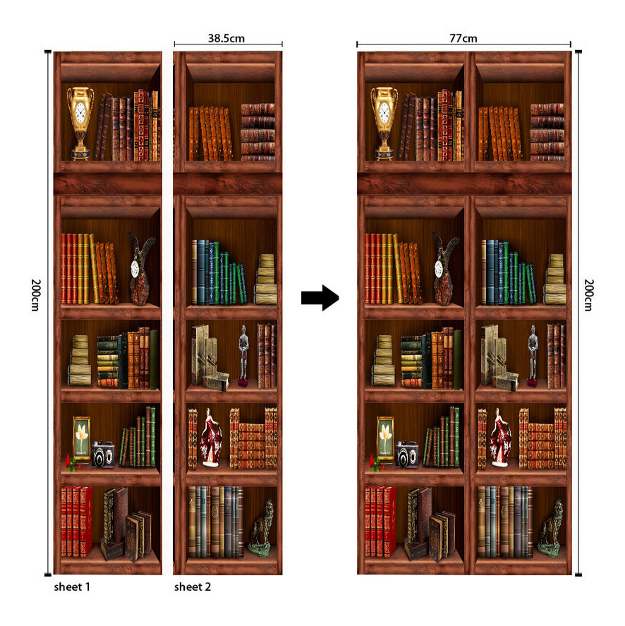 Door, Wall or Fridge STICKER – Rustic Bookshelf Waterproof 3D Mural Decal Cover