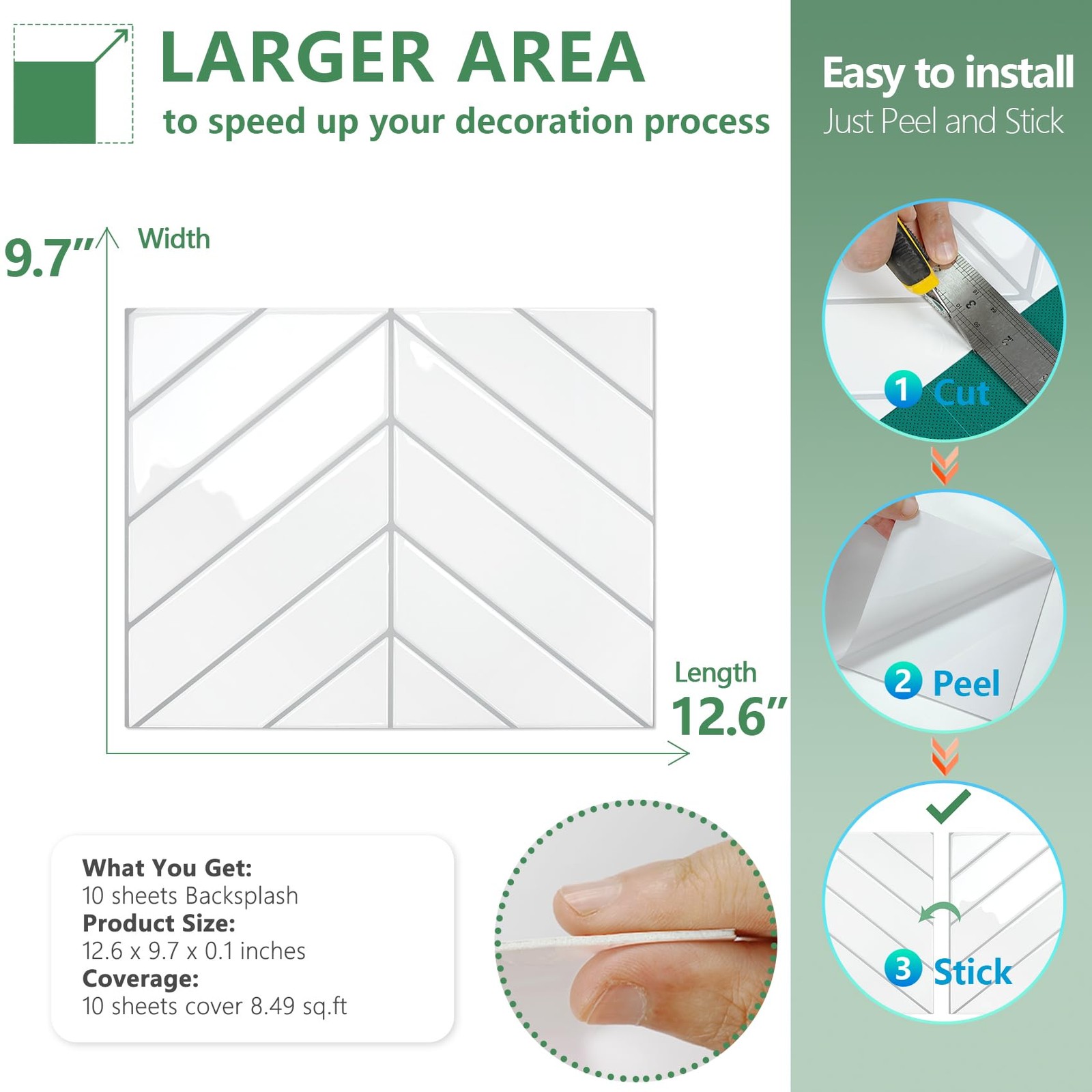 10 Sheets Thicker Herringbone Peel Stick Backsplash, 12.6”×9.7” Self Adhesive