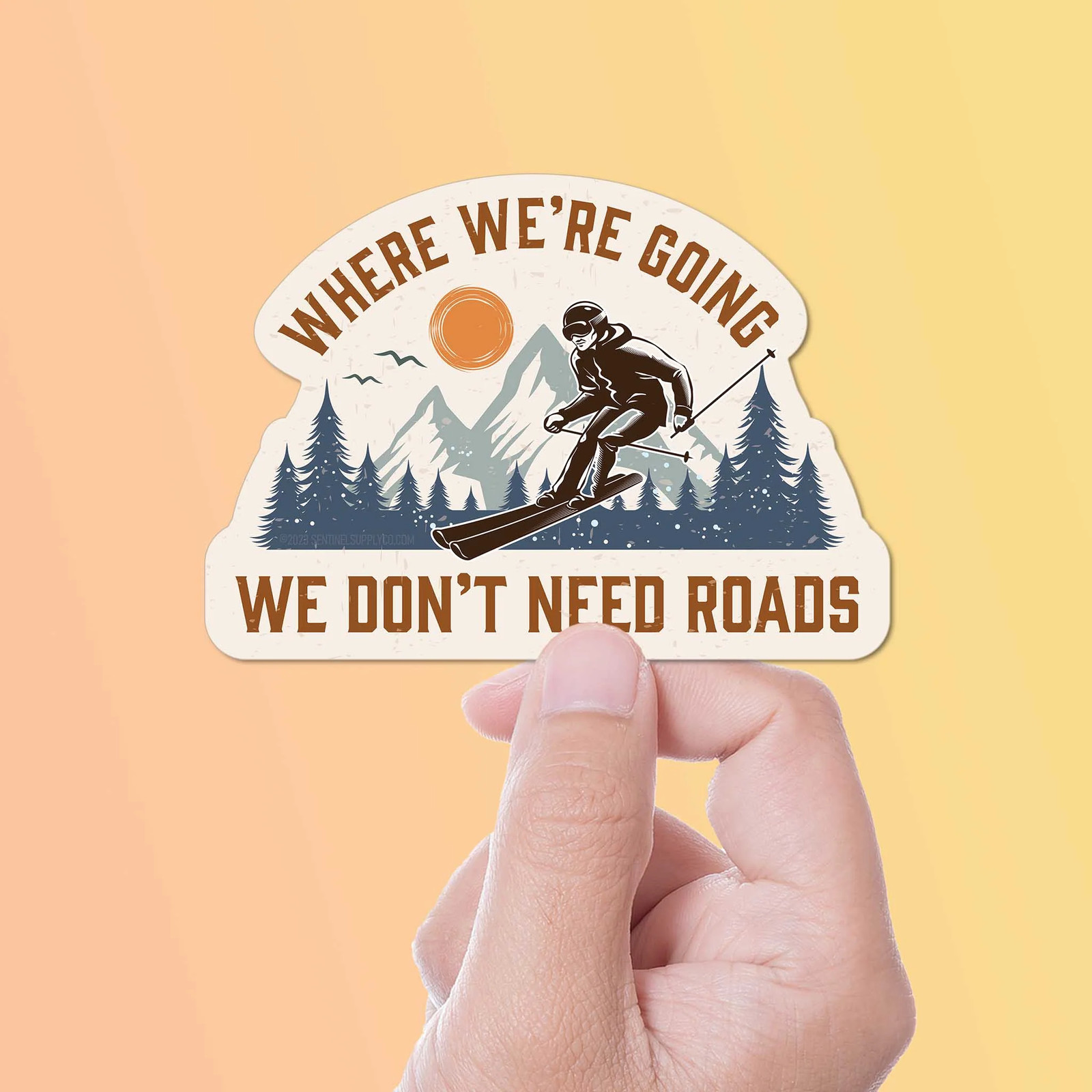Where We’re Going We Don’t Need Roads Skiing Sticker- Laptop or Thermos Decal