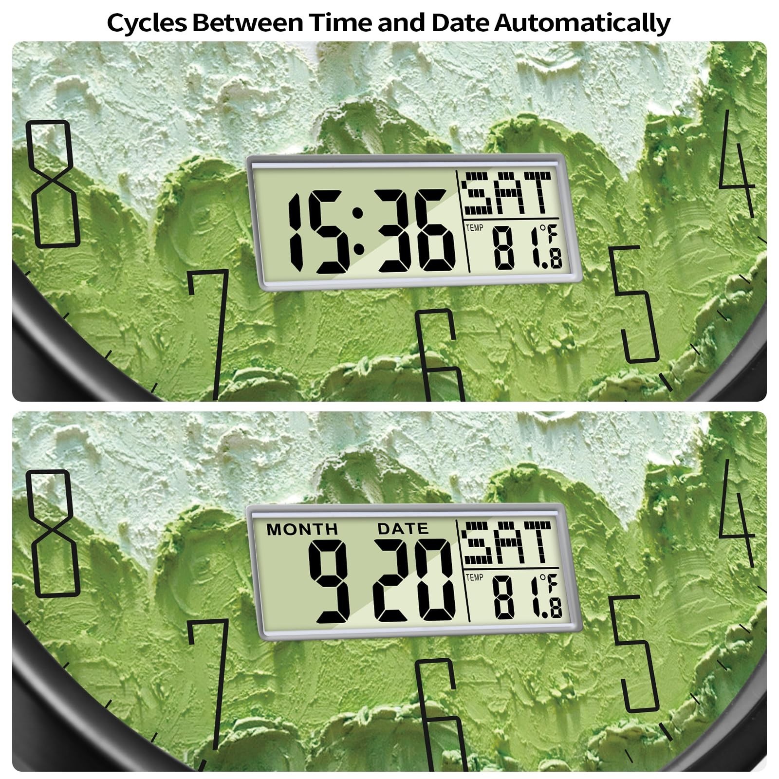 Modern Wall Clock with Temperature Green Forest Large Display Non-Ticking Bat…