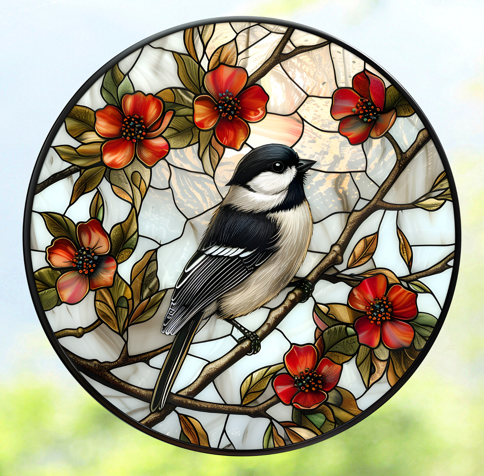 Chickadee Bird on Branch WINDOW CLING Size 8″ Round Repositionable Vinyl
