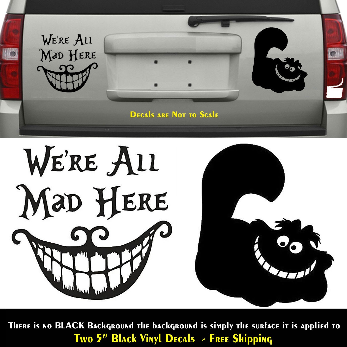 Alice in Wonderland We are all Mad Here & Cheshire Cat 5″ Black Vinyl Decals