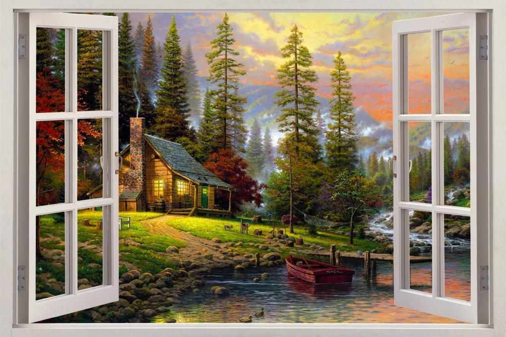 Cabin In The Woods 3D Window View Decal WALL STICKER Decor Art Mural Scenic View