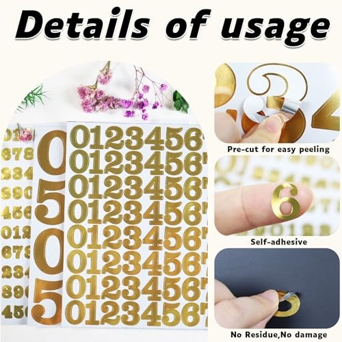 1040 Pieces Small Number Stickers, 1/2″,1″,2″ Waterproof Vinyl Self Gold