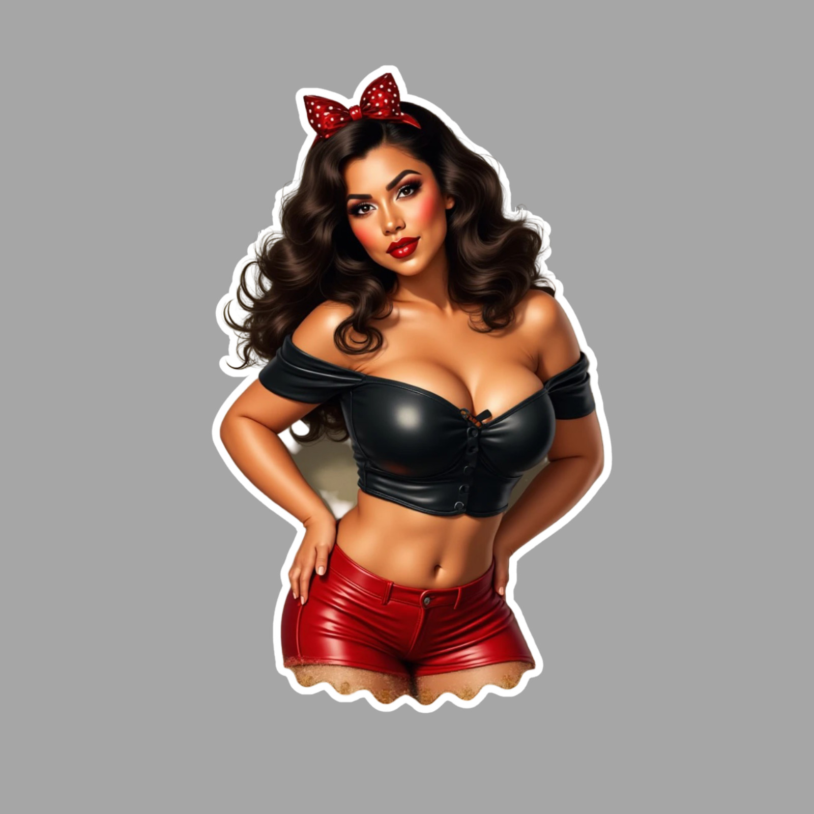 Latina pinup girl sticker vinyl decal cleavage lingerie jean shorts polka dot
