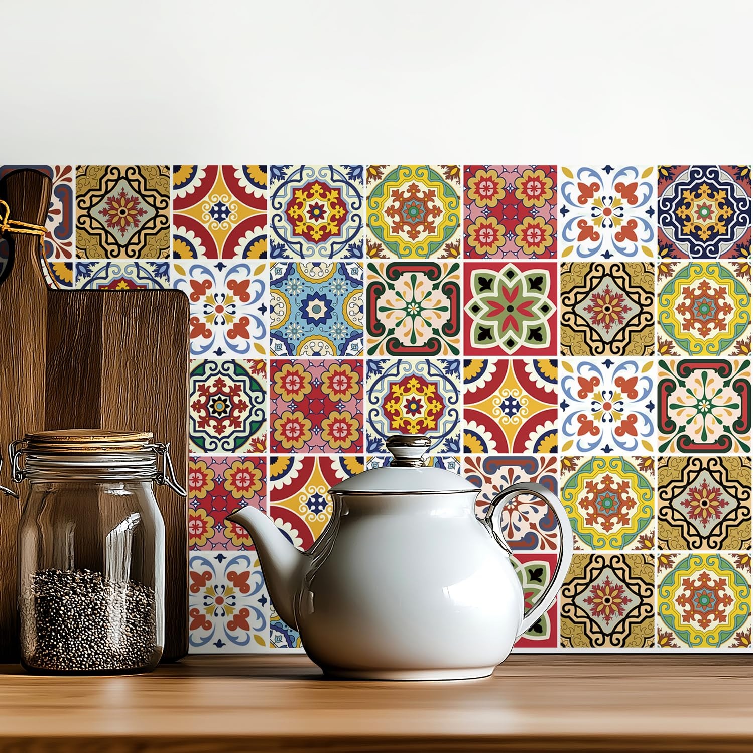 30 Pack, 4×4 Inch Mediterranean Tile Stickers, Colorful Vintage Peel and Stic…