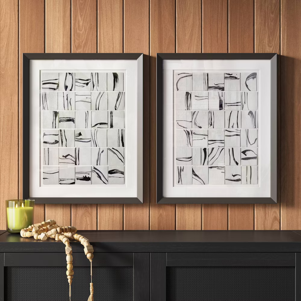 (Set of 2) 16″x20″ Patterned Lines Abstract Framed Arts Black – Threshold
