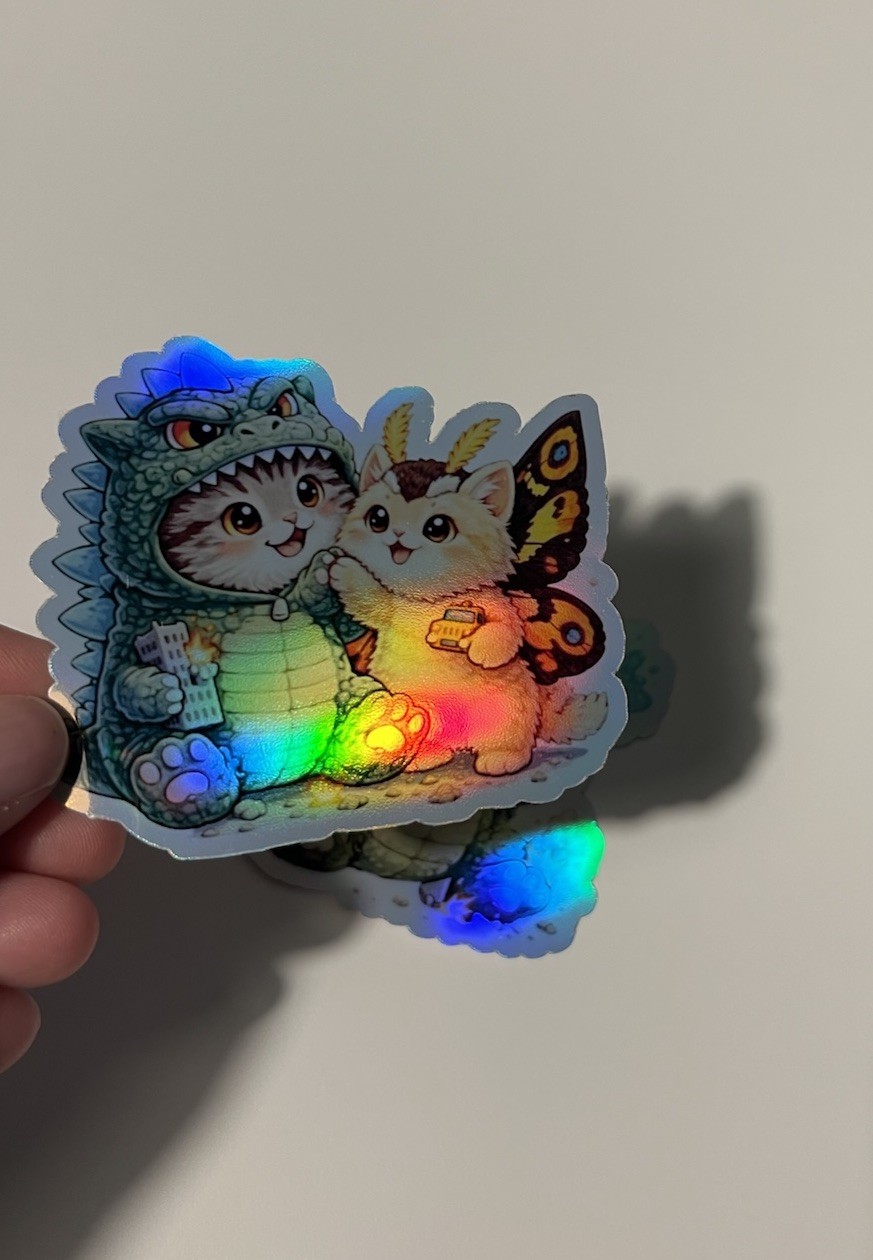 Godzilla Catzilla & Kitty Mothra Cute 3 Inch Waterproof Holographic Sticker Set