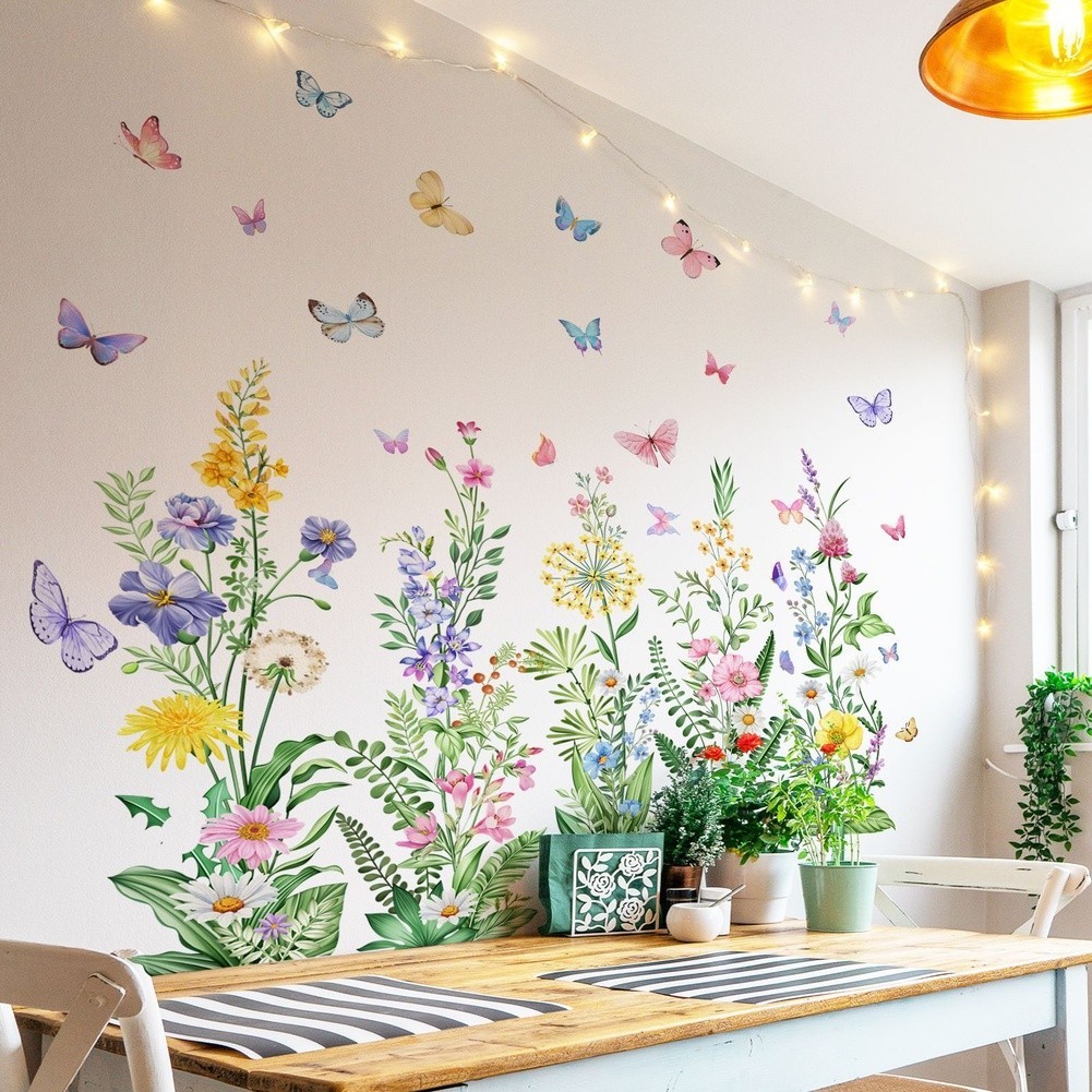 Easy Apply Wildflower Butterfly Wall Decals 47.2 x 35.4 in PVC Material