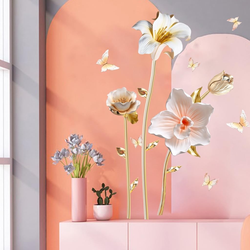 Large Tulip Wall Decals Gold 3D Floral Flower Wall Stickers Butterfly Wall Ar
